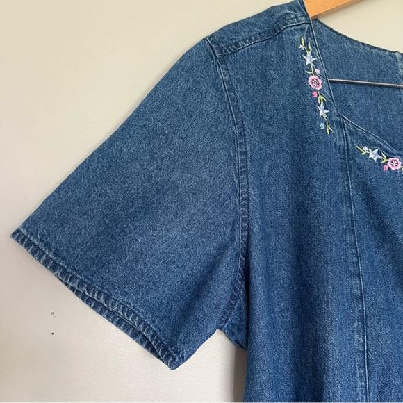 Vintage Embroidered Denim Floral Button Down Tie Back 90s Maxi Dress Size 1X - Picture 5 of 14